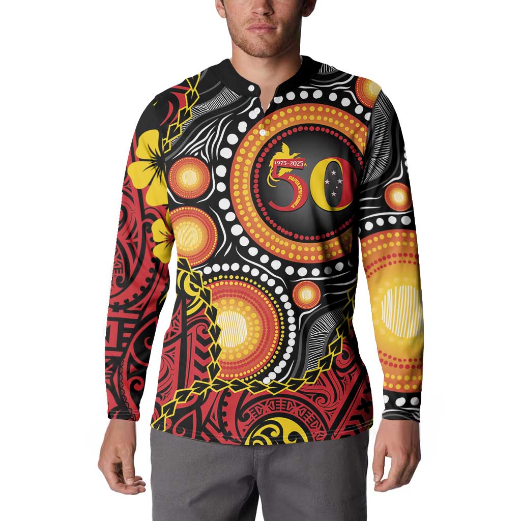 Celebrating 50 Years Papua New Guinea Button Sweatshirt Aboriginal Mix Papuan Pattern LT14 - Polynesian Pride