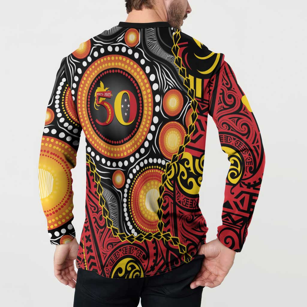 Celebrating 50 Years Papua New Guinea Button Sweatshirt Aboriginal Mix Papuan Pattern LT14 - Polynesian Pride