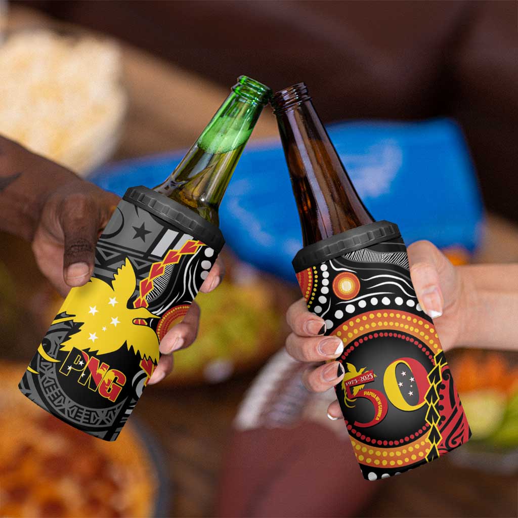 Celebrating 50 Years Papua New Guinea 4 in 1 Can Cooler Tumbler Aboriginal Mix Papuan Pattern - Polynesian Pride