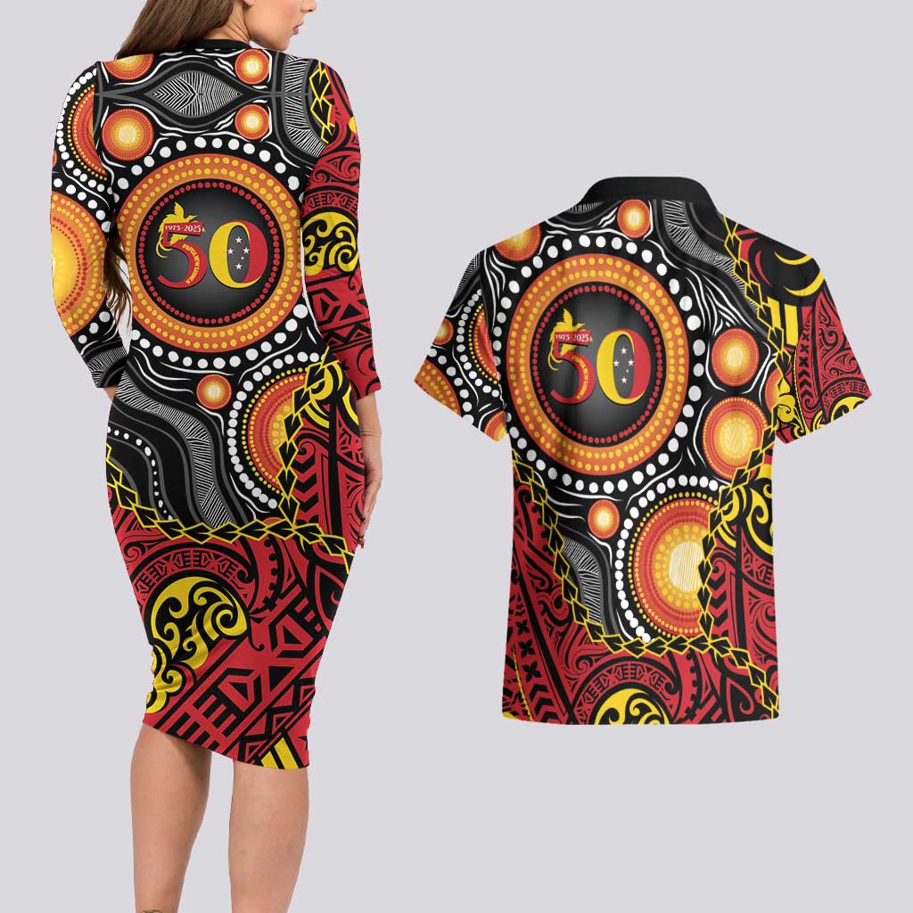 Celebrating 50 Years Papua New Guinea Couples Matching Long Sleeve Bodycon Dress and Hawaiian Shirt Aboriginal Mix Papuan Pattern - Polynesian Pride