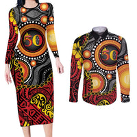 Celebrating 50 Years Papua New Guinea Couples Matching Long Sleeve Bodycon Dress and Long Sleeve Button Shirt Aboriginal Mix Papuan Pattern LT14 Red - Polynesian Pride