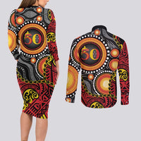 Celebrating 50 Years Papua New Guinea Couples Matching Long Sleeve Bodycon Dress and Long Sleeve Button Shirt Aboriginal Mix Papuan Pattern LT14 - Polynesian Pride