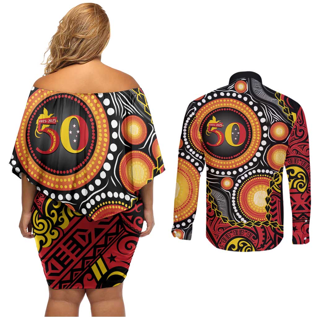 Celebrating 50 Years Papua New Guinea Couples Matching Off Shoulder Short Dress and Long Sleeve Button Shirt Aboriginal Mix Papuan Pattern LT14 - Polynesian Pride