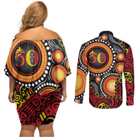Celebrating 50 Years Papua New Guinea Couples Matching Off Shoulder Short Dress and Long Sleeve Button Shirt Aboriginal Mix Papuan Pattern LT14 - Polynesian Pride