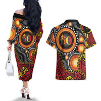 Celebrating 50 Years Papua New Guinea Couples Matching Off The Shoulder Long Sleeve Dress and Hawaiian Shirt Aboriginal Mix Papuan Pattern - Polynesian Pride