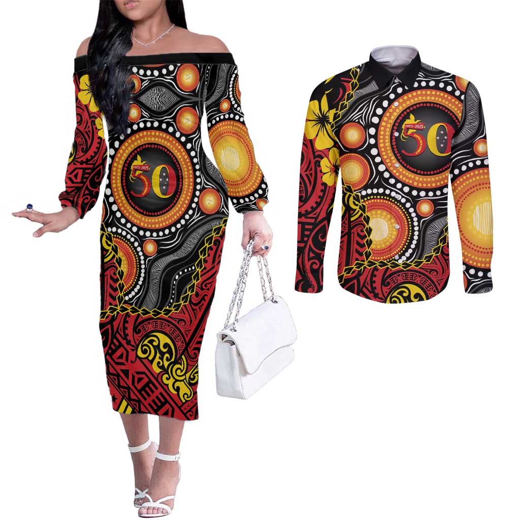 Celebrating 50 Years Papua New Guinea Couples Matching Off The Shoulder Long Sleeve Dress and Long Sleeve Button Shirt Aboriginal Mix Papuan Pattern LT14 Red - Polynesian Pride