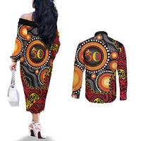 Celebrating 50 Years Papua New Guinea Couples Matching Off The Shoulder Long Sleeve Dress and Long Sleeve Button Shirt Aboriginal Mix Papuan Pattern LT14 - Polynesian Pride