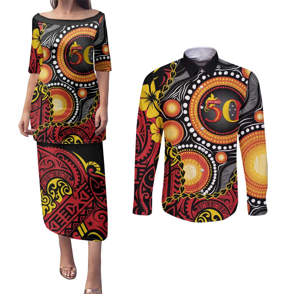 Celebrating 50 Years Papua New Guinea Couples Matching Puletasi and Long Sleeve Button Shirt Aboriginal Mix Papuan Pattern - Polynesian Pride
