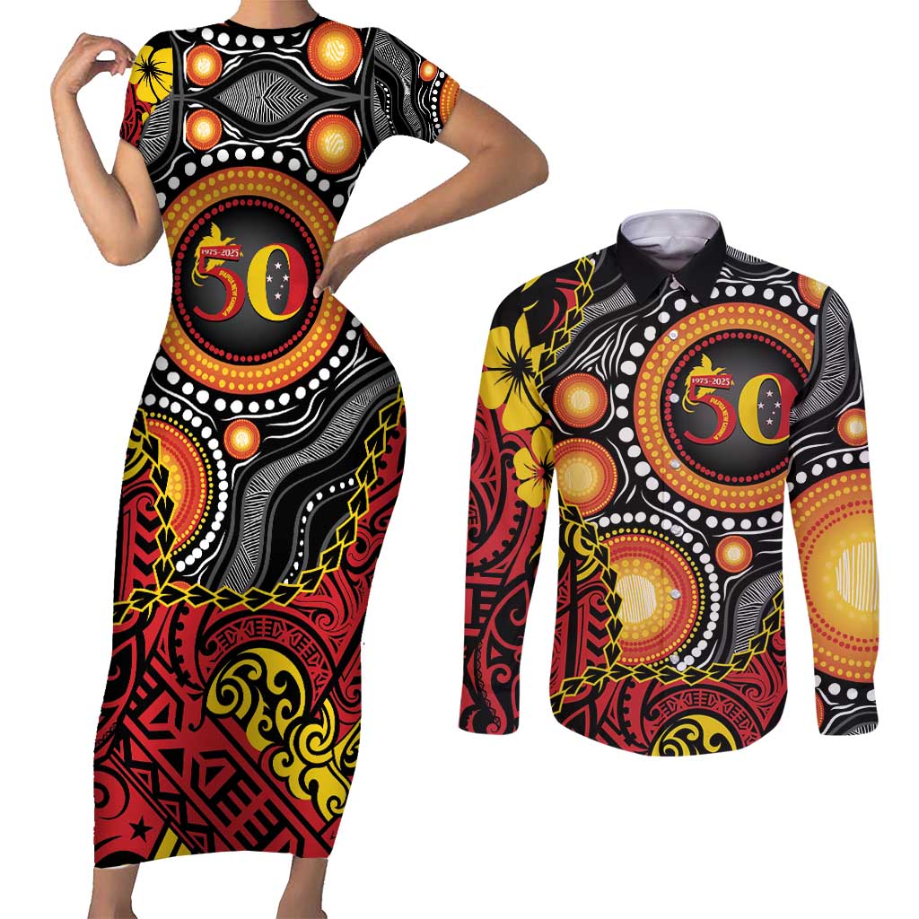 Celebrating 50 Years Papua New Guinea Couples Matching Short Sleeve Bodycon Dress and Long Sleeve Button Shirt Aboriginal Mix Papuan Pattern LT14 Red - Polynesian Pride