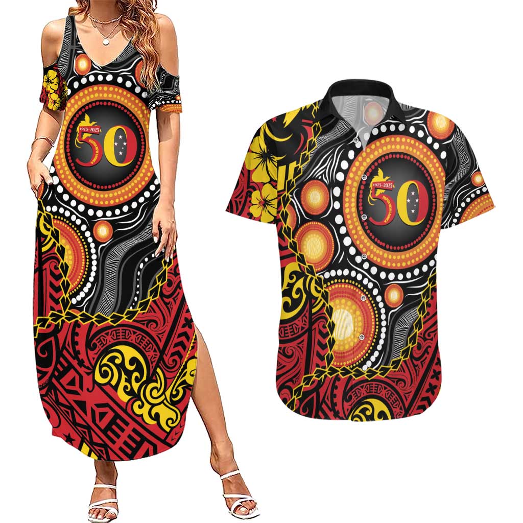 Celebrating 50 Years Papua New Guinea Couples Matching Summer Maxi Dress and Hawaiian Shirt Aboriginal Mix Papuan Pattern - Polynesian Pride