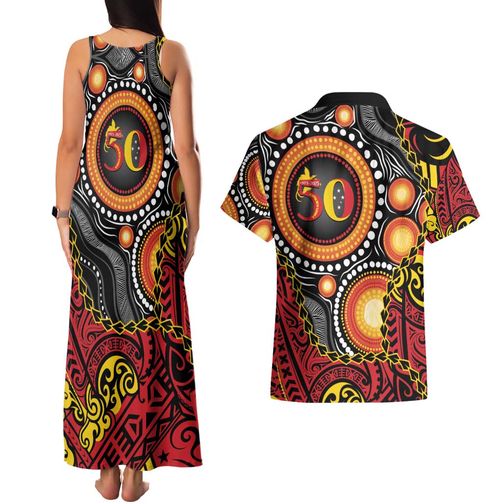 Celebrating 50 Years Papua New Guinea Couples Matching Tank Maxi Dress and Hawaiian Shirt Aboriginal Mix Papuan Pattern - Polynesian Pride