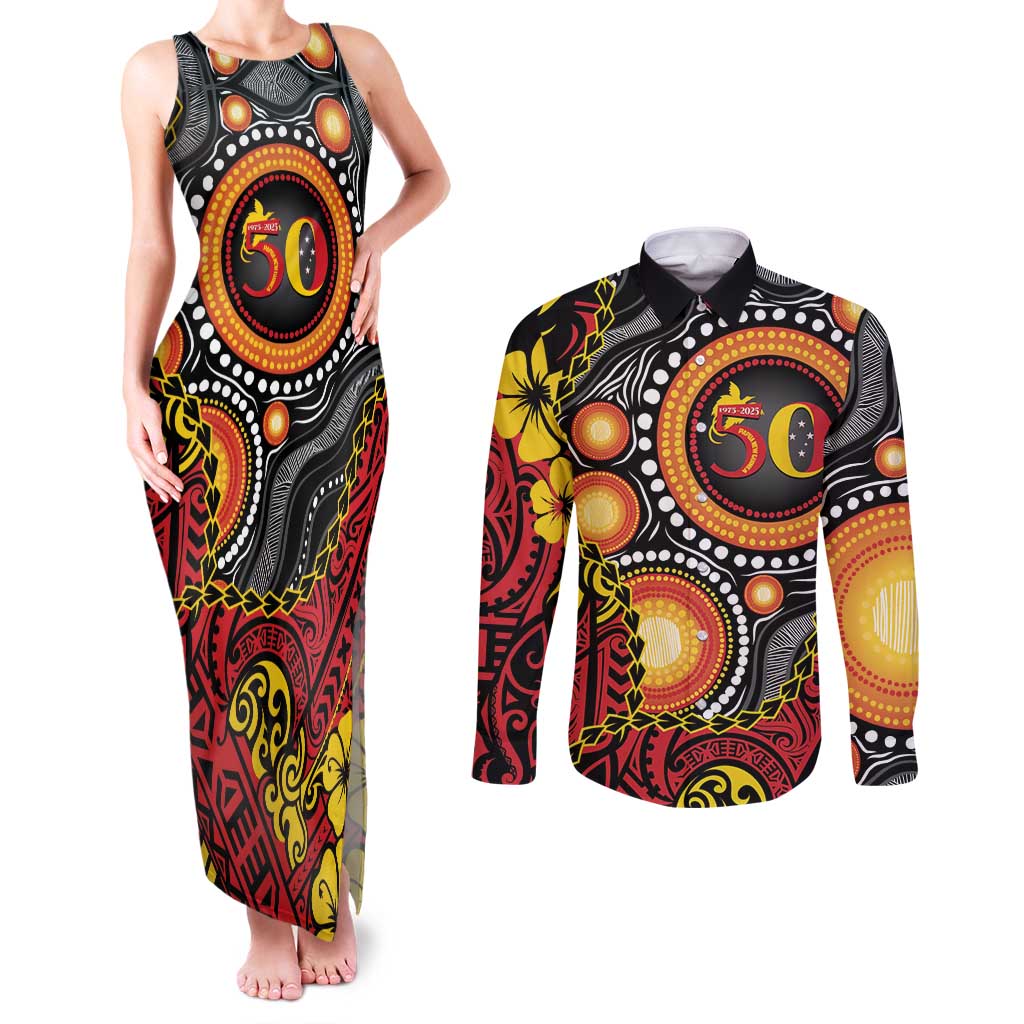 Celebrating 50 Years Papua New Guinea Couples Matching Tank Maxi Dress and Long Sleeve Button Shirt Aboriginal Mix Papuan Pattern LT14 Red - Polynesian Pride