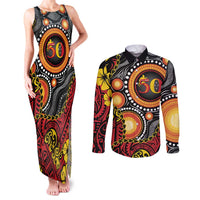 Celebrating 50 Years Papua New Guinea Couples Matching Tank Maxi Dress and Long Sleeve Button Shirt Aboriginal Mix Papuan Pattern LT14 Red - Polynesian Pride