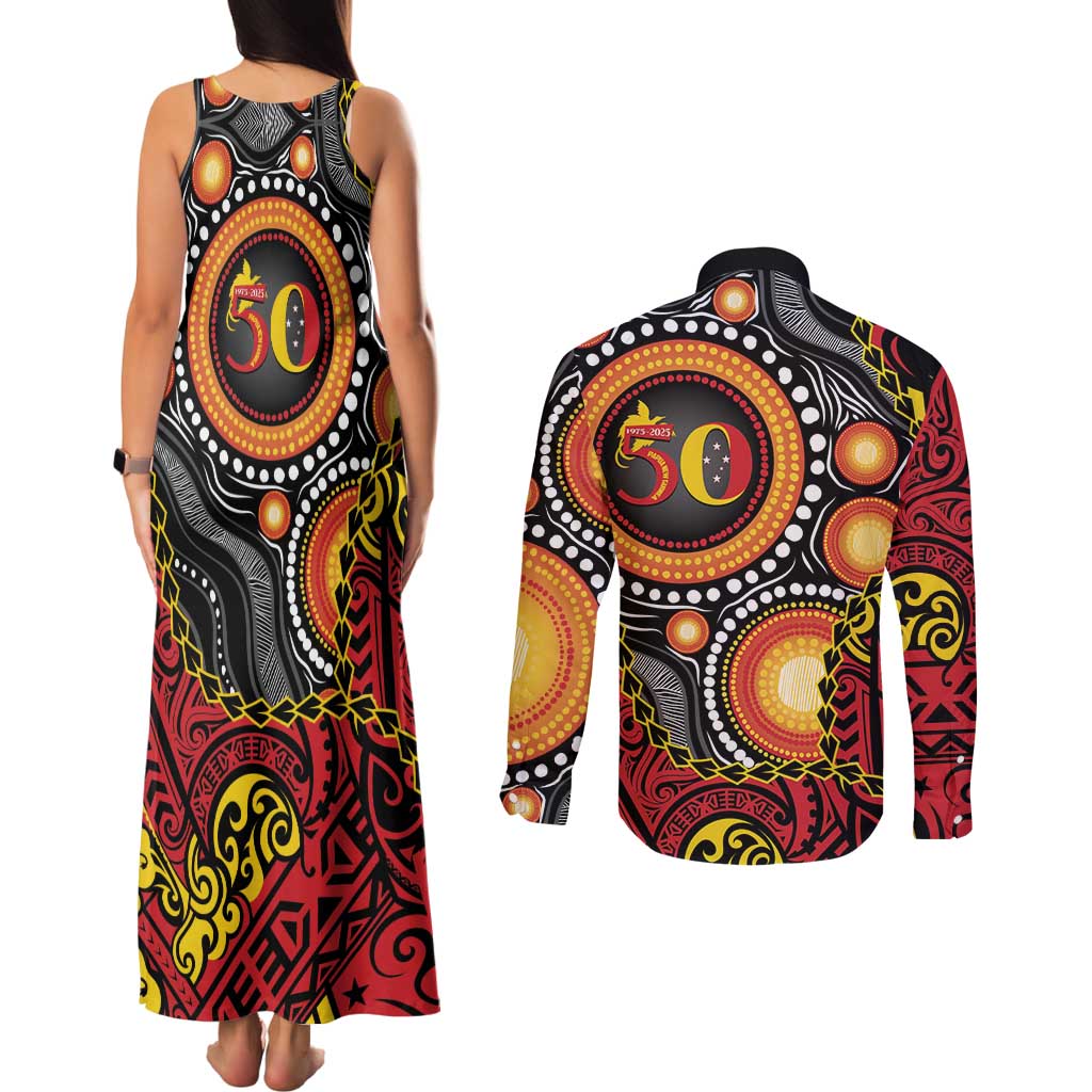 Celebrating 50 Years Papua New Guinea Couples Matching Tank Maxi Dress and Long Sleeve Button Shirt Aboriginal Mix Papuan Pattern LT14 - Polynesian Pride