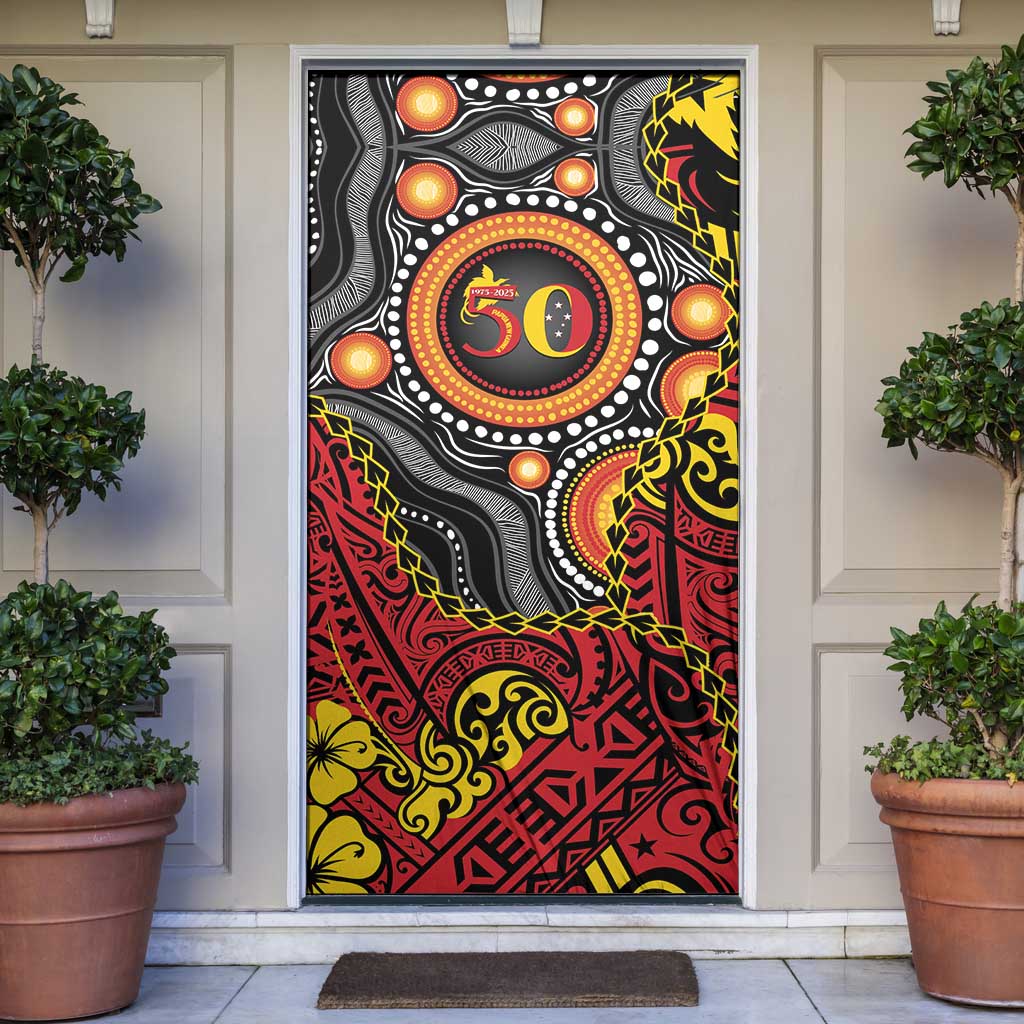 Celebrating 50 Years Papua New Guinea Door Cover Aboriginal Mix Papuan Pattern - Polynesian Pride