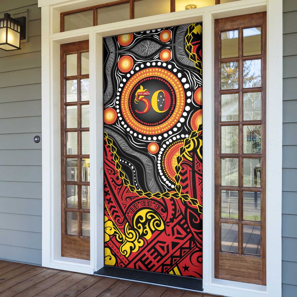Celebrating 50 Years Papua New Guinea Door Cover Aboriginal Mix Papuan Pattern - Polynesian Pride
