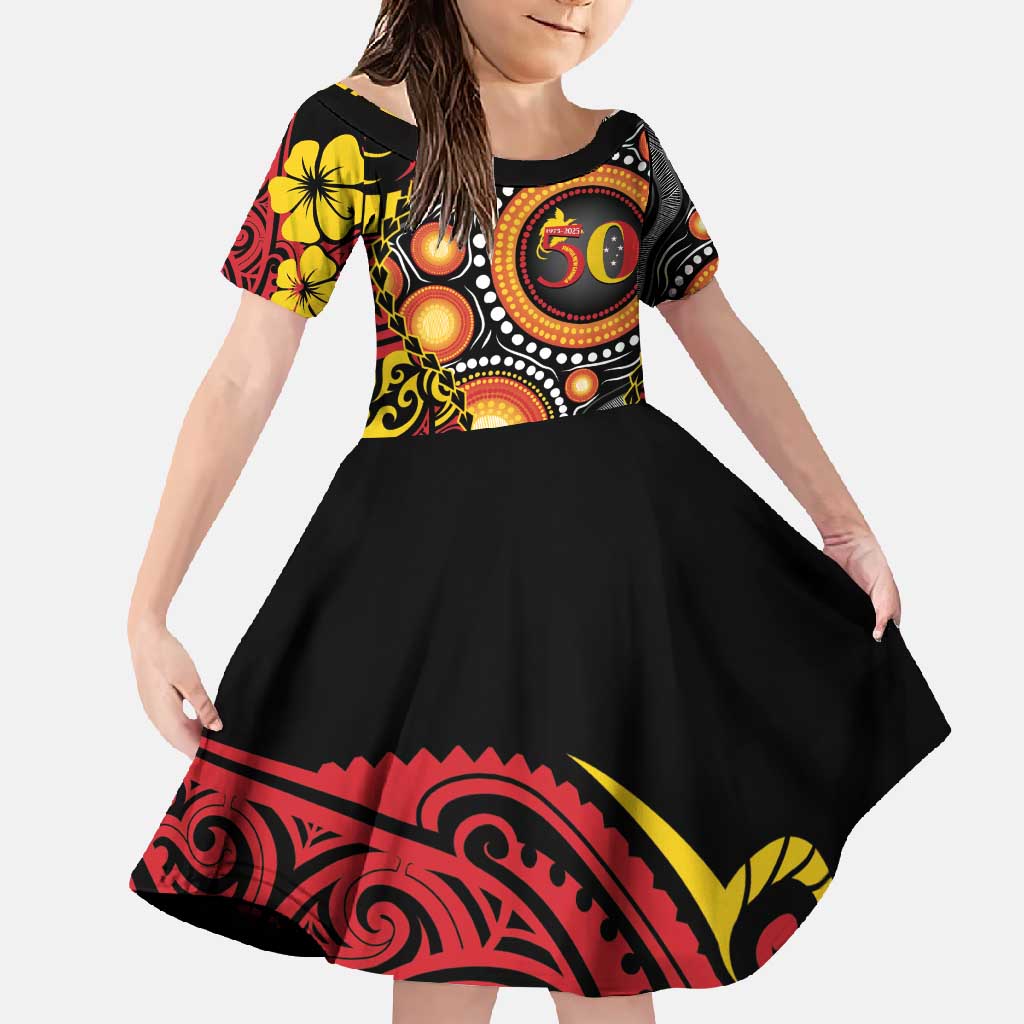 Celebrating 50 Years Papua New Guinea Family Matching Mermaid Dress and Hawaiian Shirt Aboriginal Mix Papuan Pattern LT14 Daughter's Dress Red - Polynesian Pride