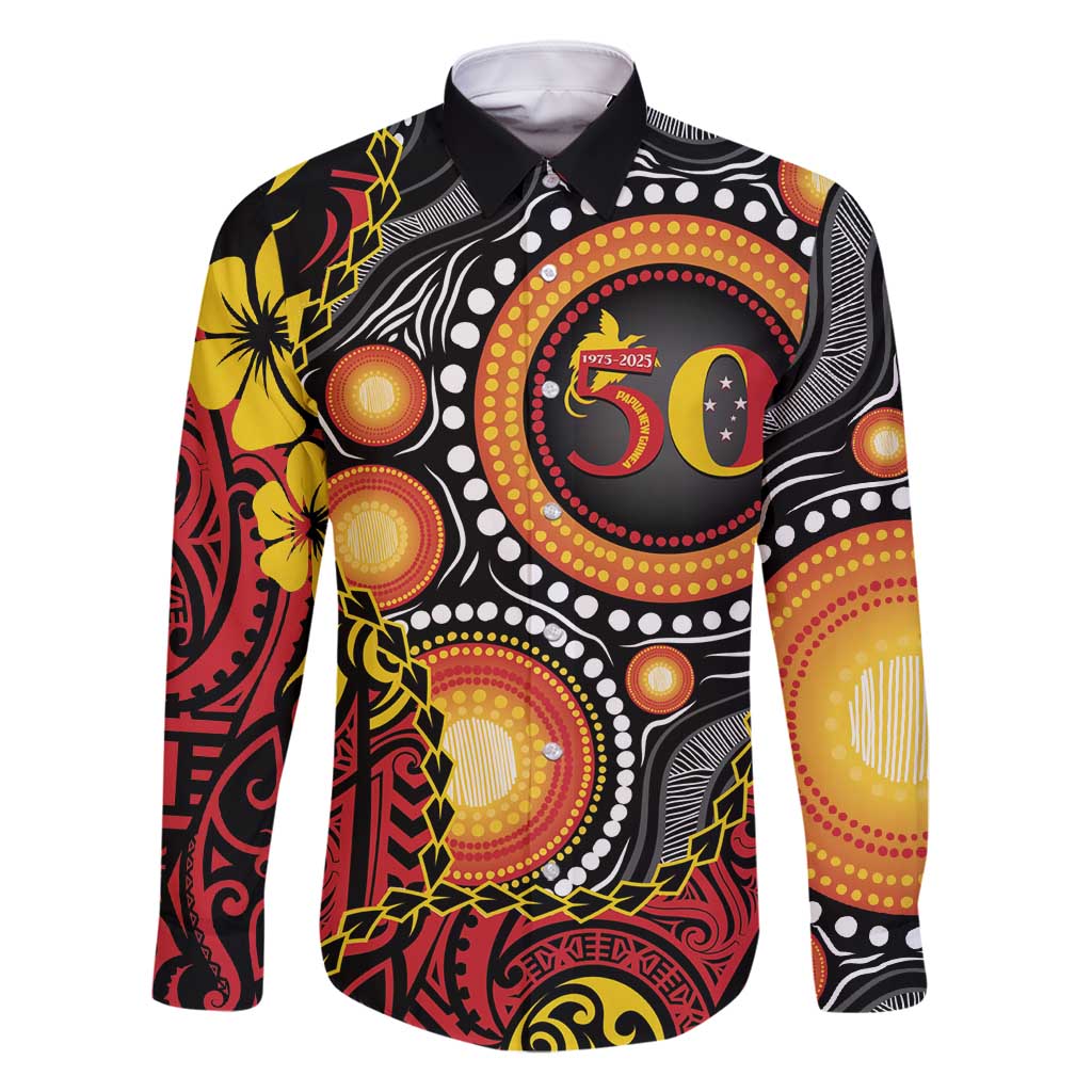 Celebrating 50 Years Papua New Guinea Family Matching Mermaid Dress and Hawaiian Shirt Aboriginal Mix Papuan Pattern LT14 Dad's Shirt - Long Sleeve Red - Polynesian Pride