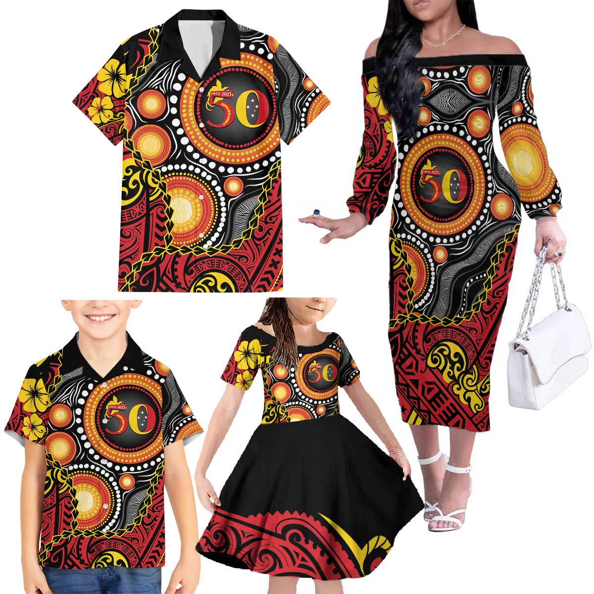 Celebrating 50 Years Papua New Guinea Family Matching Off The Shoulder Long Sleeve Dress and Hawaiian Shirt Aboriginal Mix Papuan Pattern - Polynesian Pride