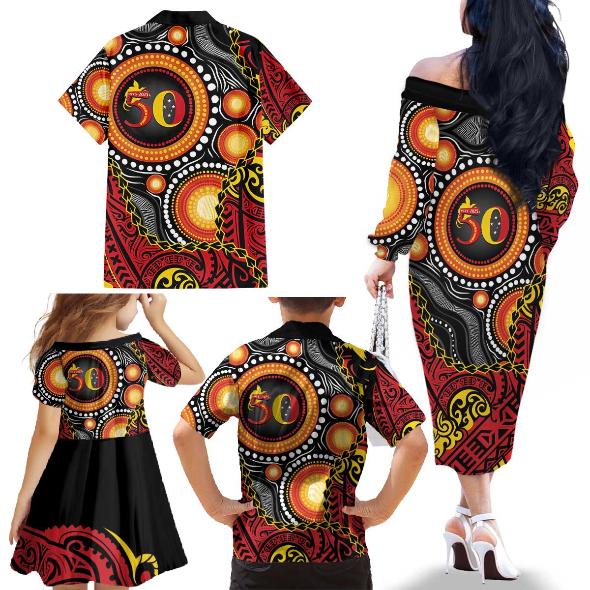 Celebrating 50 Years Papua New Guinea Family Matching Off The Shoulder Long Sleeve Dress and Hawaiian Shirt Aboriginal Mix Papuan Pattern - Polynesian Pride