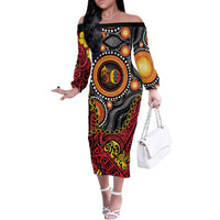 Celebrating 50 Years Papua New Guinea Family Matching Off The Shoulder Long Sleeve Dress and Hawaiian Shirt Aboriginal Mix Papuan Pattern - Polynesian Pride