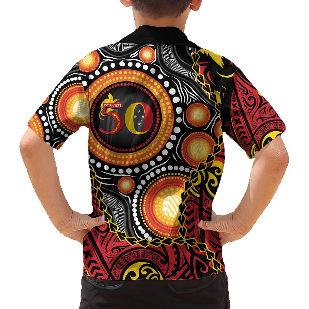Celebrating 50 Years Papua New Guinea Family Matching Off Shoulder Maxi Dress and Hawaiian Shirt Aboriginal Mix Papuan Pattern - Polynesian Pride