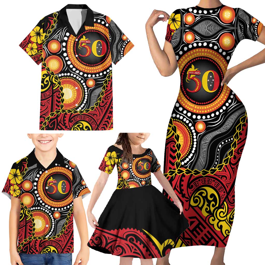 Celebrating 50 Years Papua New Guinea Family Matching Short Sleeve Bodycon Dress and Hawaiian Shirt Aboriginal Mix Papuan Pattern - Polynesian Pride