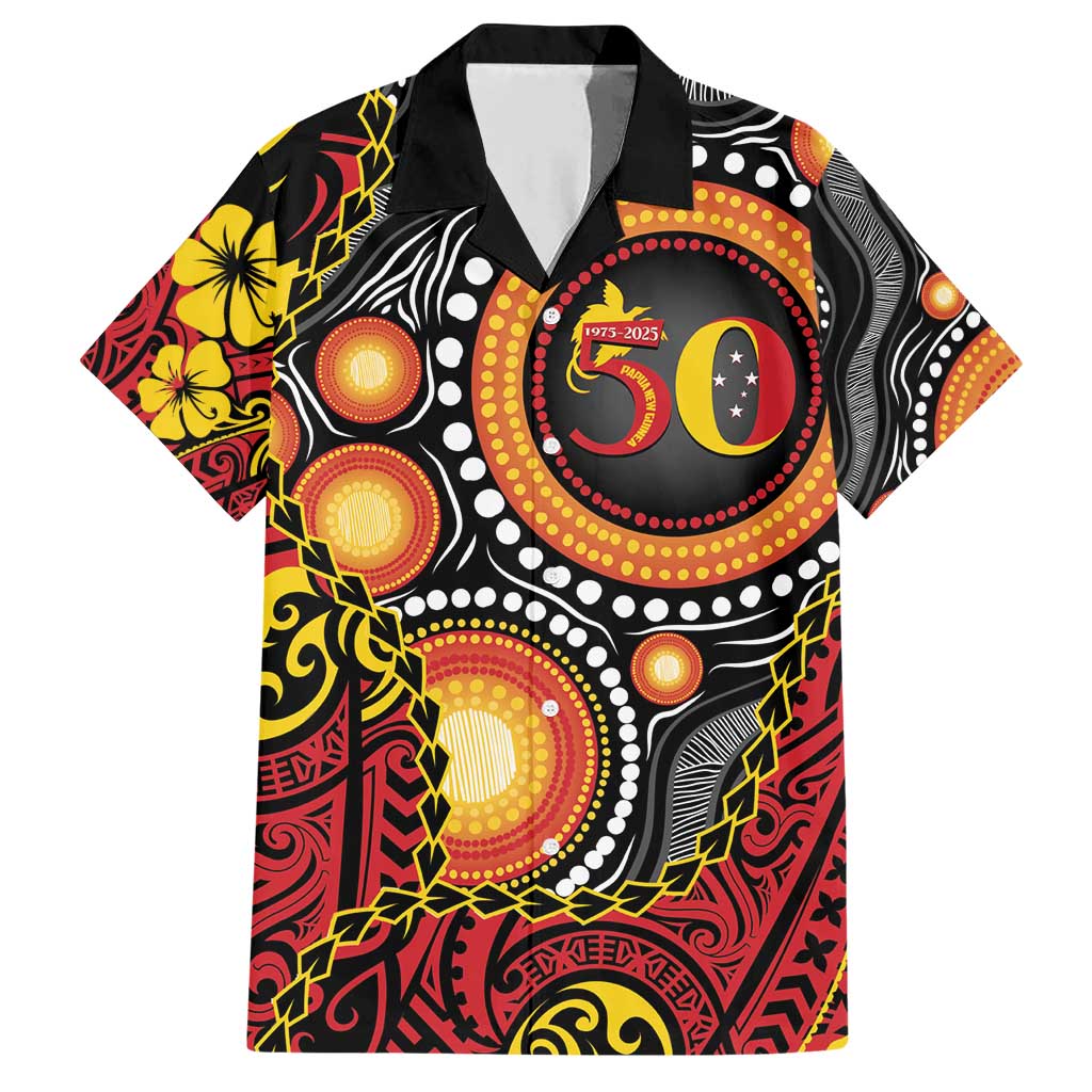Celebrating 50 Years Papua New Guinea Family Matching Short Sleeve Bodycon Dress and Hawaiian Shirt Aboriginal Mix Papuan Pattern LT14 Dad's Shirt - Short Sleeve Red - Polynesian Pride