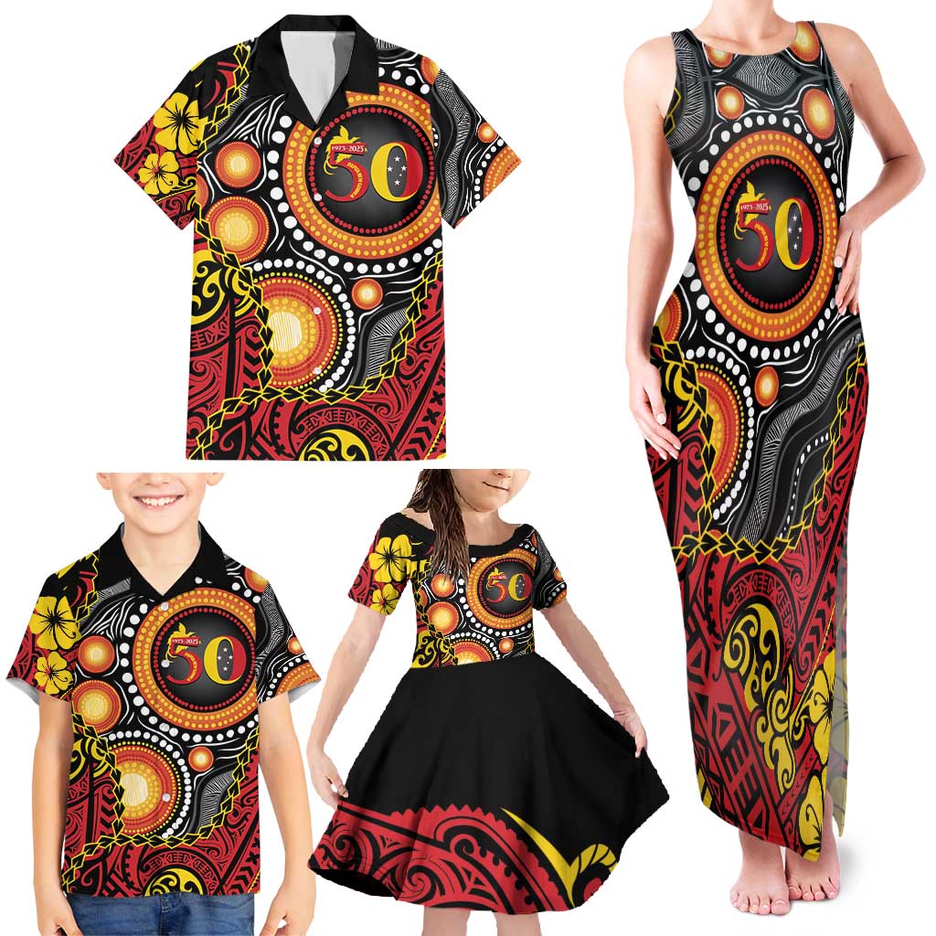 Celebrating 50 Years Papua New Guinea Family Matching Tank Maxi Dress and Hawaiian Shirt Aboriginal Mix Papuan Pattern - Polynesian Pride