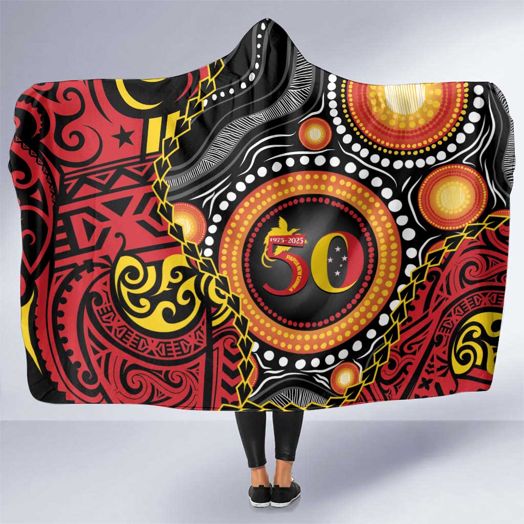 Celebrating 50 Years Papua New Guinea Hooded Blanket Aboriginal Mix Papuan Pattern - Polynesian Pride
