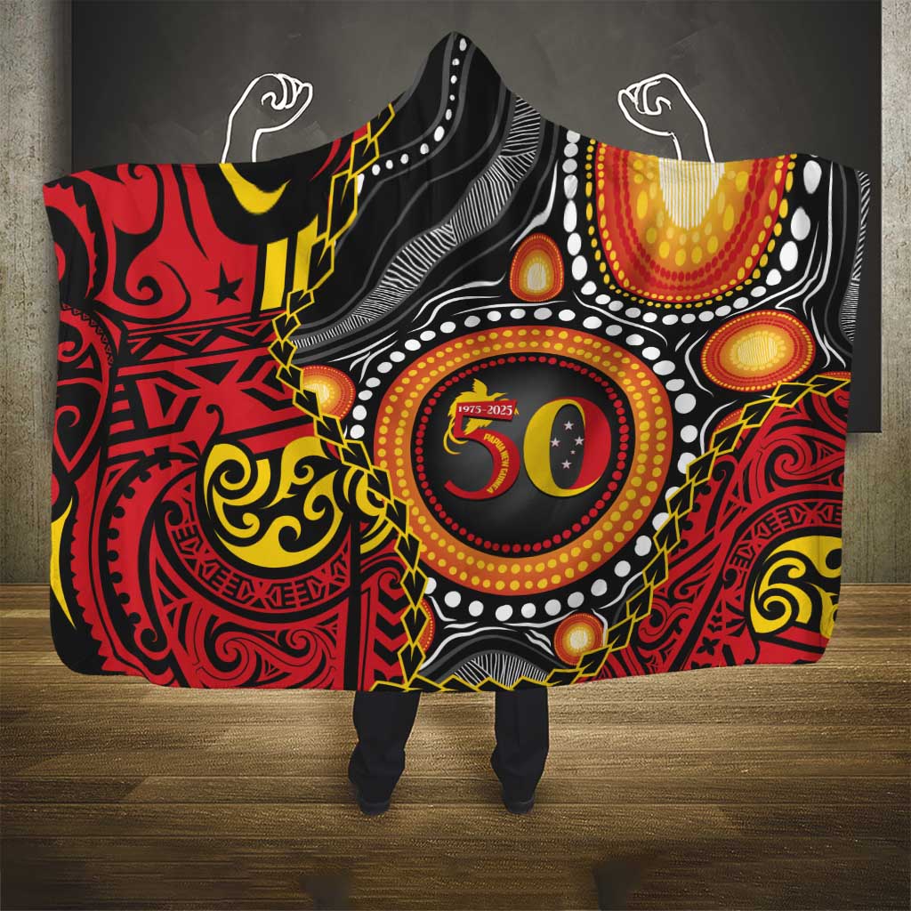 Celebrating 50 Years Papua New Guinea Hooded Blanket Aboriginal Mix Papuan Pattern - Polynesian Pride