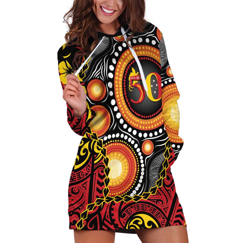 Celebrating 50 Years Papua New Guinea Hoodie Dress Aboriginal Mix Papuan Pattern - Polynesian Pride