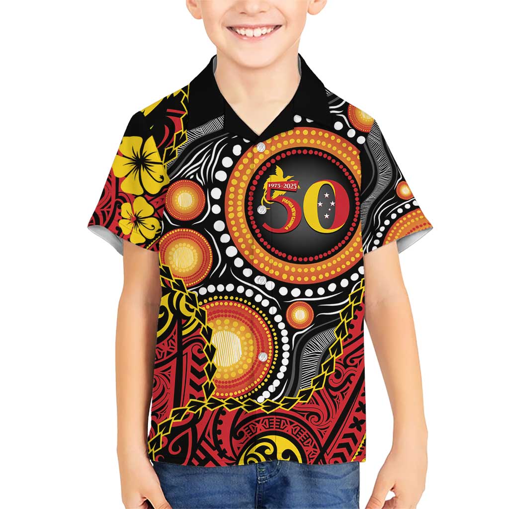 Celebrating 50 Years Papua New Guinea Kid Hawaiian Shirt Aboriginal Mix Papuan Pattern - Polynesian Pride