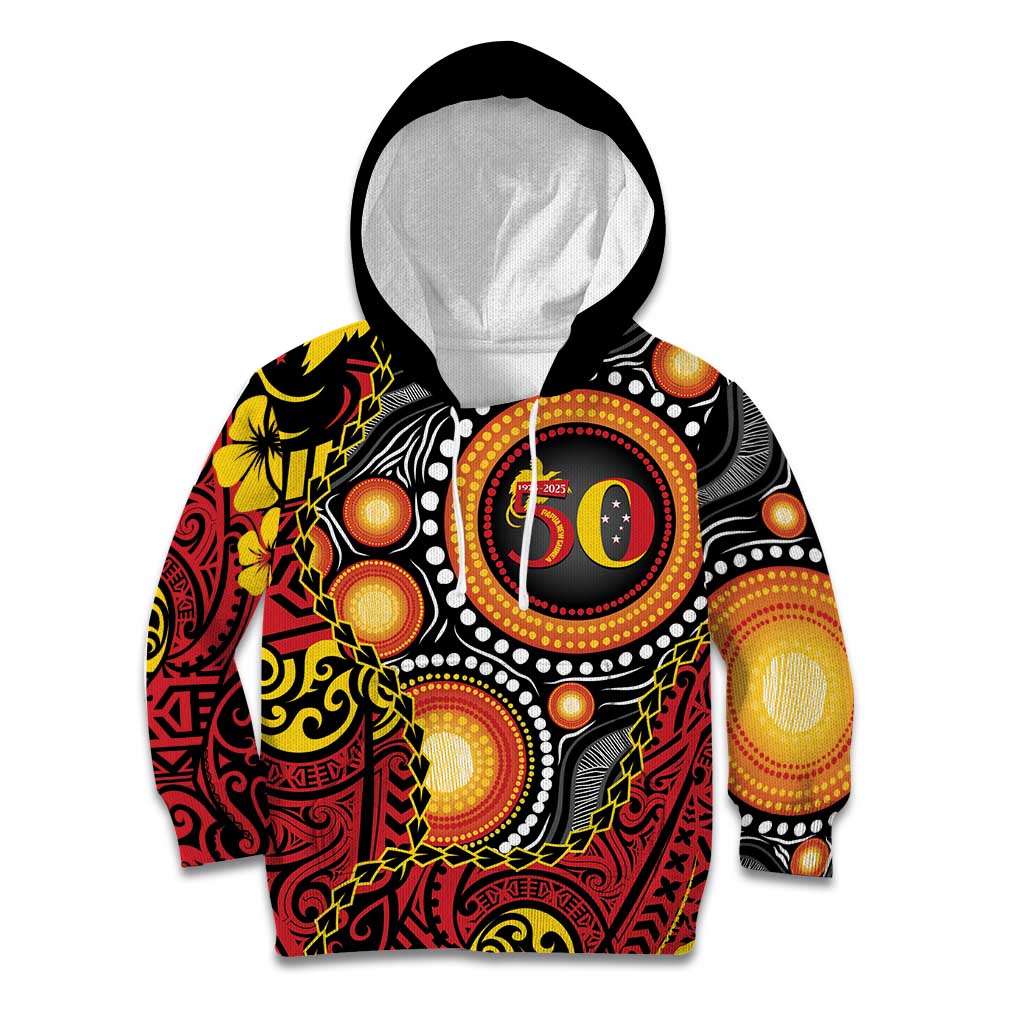Celebrating 50 Years Papua New Guinea Kid Hoodie Aboriginal Mix Papuan Pattern - Polynesian Pride