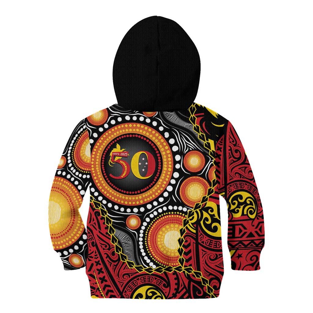 Celebrating 50 Years Papua New Guinea Kid Hoodie Aboriginal Mix Papuan Pattern - Polynesian Pride