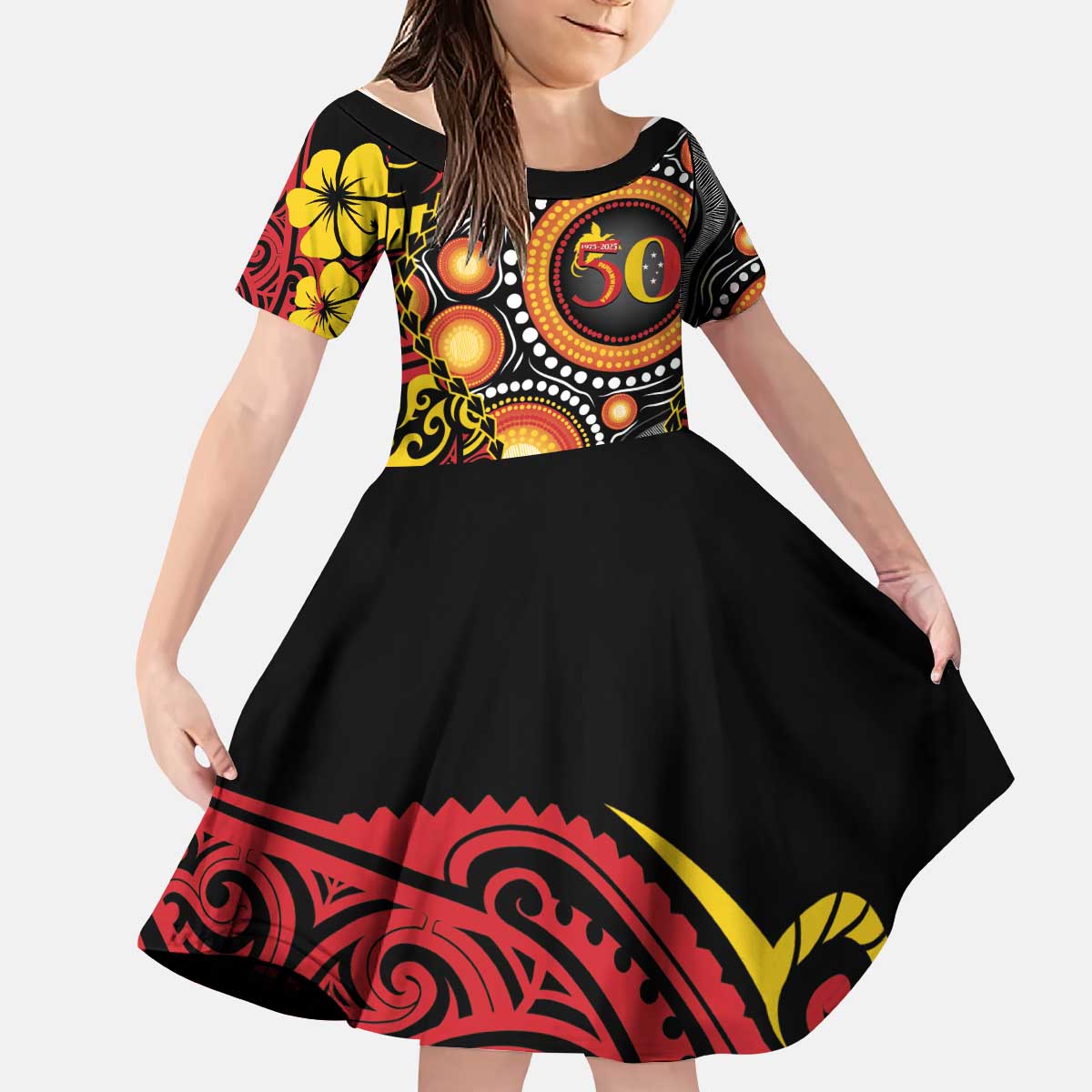 Celebrating 50 Years Papua New Guinea Kid Short Sleeve Dress Aboriginal Mix Papuan Pattern - Polynesian Pride