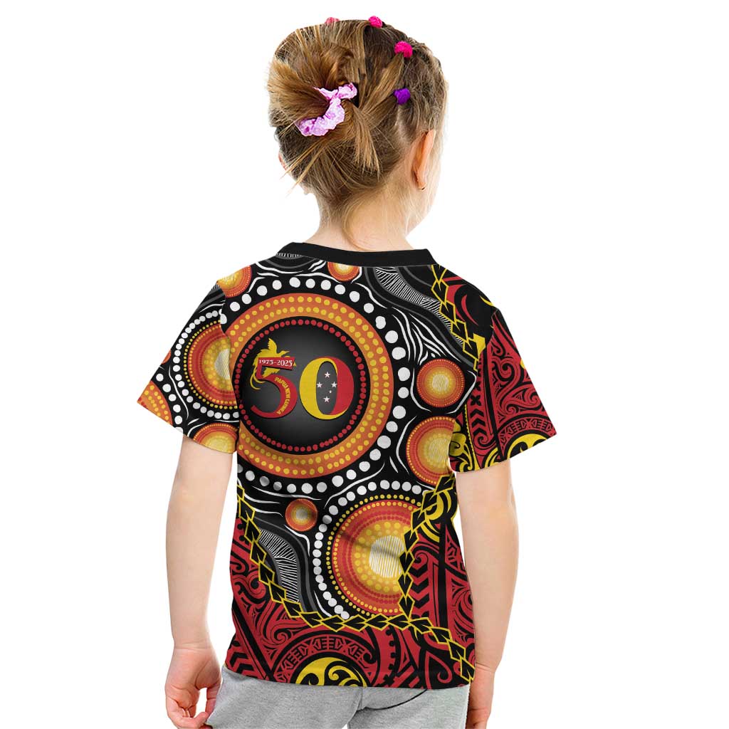 Celebrating 50 Years Papua New Guinea Kid T Shirt Aboriginal Mix Papuan Pattern - Polynesian Pride