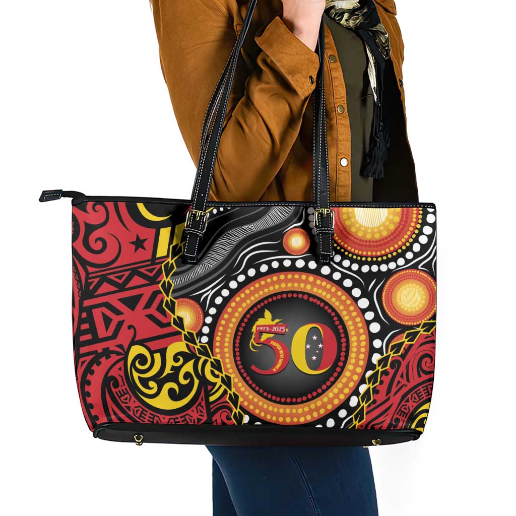 Celebrating 50 Years Papua New Guinea Leather Tote Bag Aboriginal Mix Papuan Pattern - Polynesian Pride