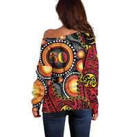 Celebrating 50 Years Papua New Guinea Off Shoulder Sweater Aboriginal Mix Papuan Pattern - Polynesian Pride