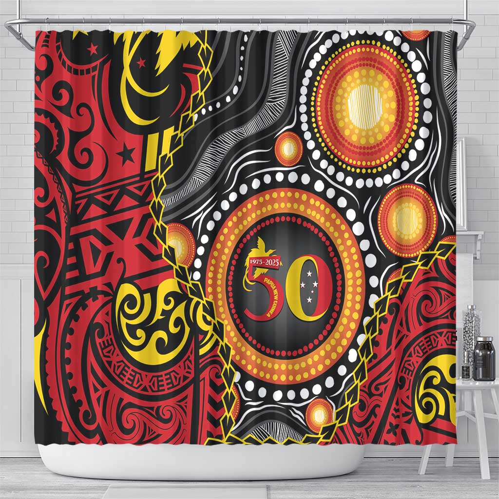 Celebrating 50 Years Papua New Guinea Shower Curtain Aboriginal Mix Papuan Pattern - Polynesian Pride