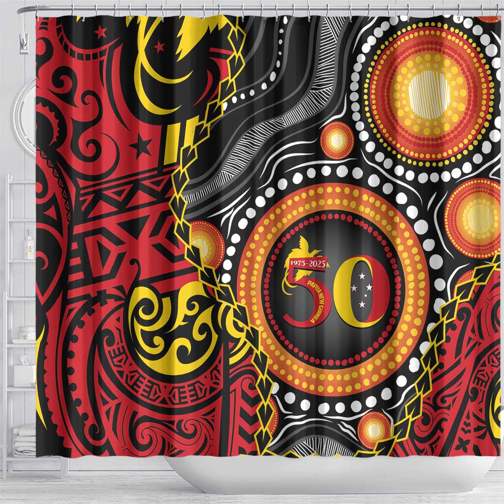Celebrating 50 Years Papua New Guinea Shower Curtain Aboriginal Mix Papuan Pattern - Polynesian Pride