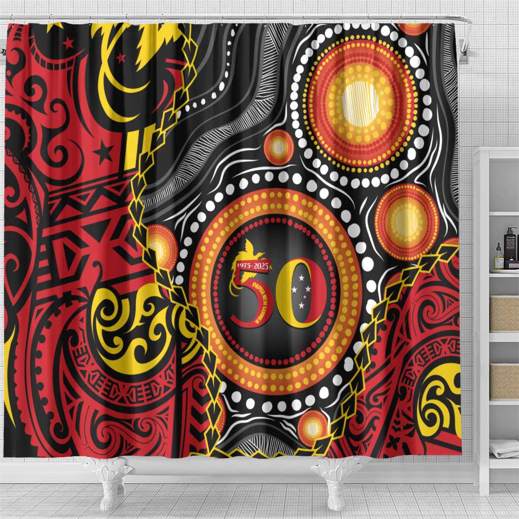 Celebrating 50 Years Papua New Guinea Shower Curtain Aboriginal Mix Papuan Pattern - Polynesian Pride
