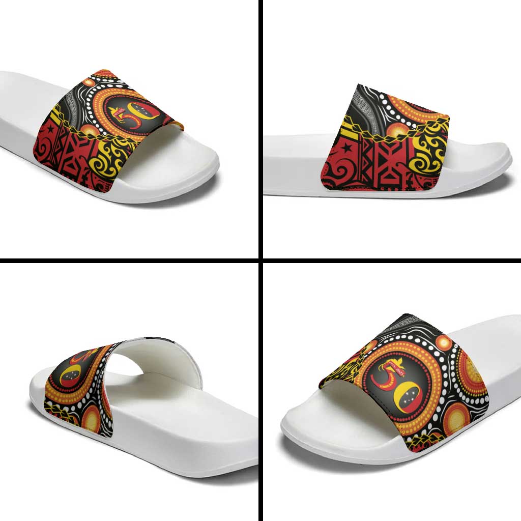 Celebrating 50 Years Papua New Guinea Slide Sandals Aboriginal Mix Papuan Pattern LT14 - Polynesian Pride