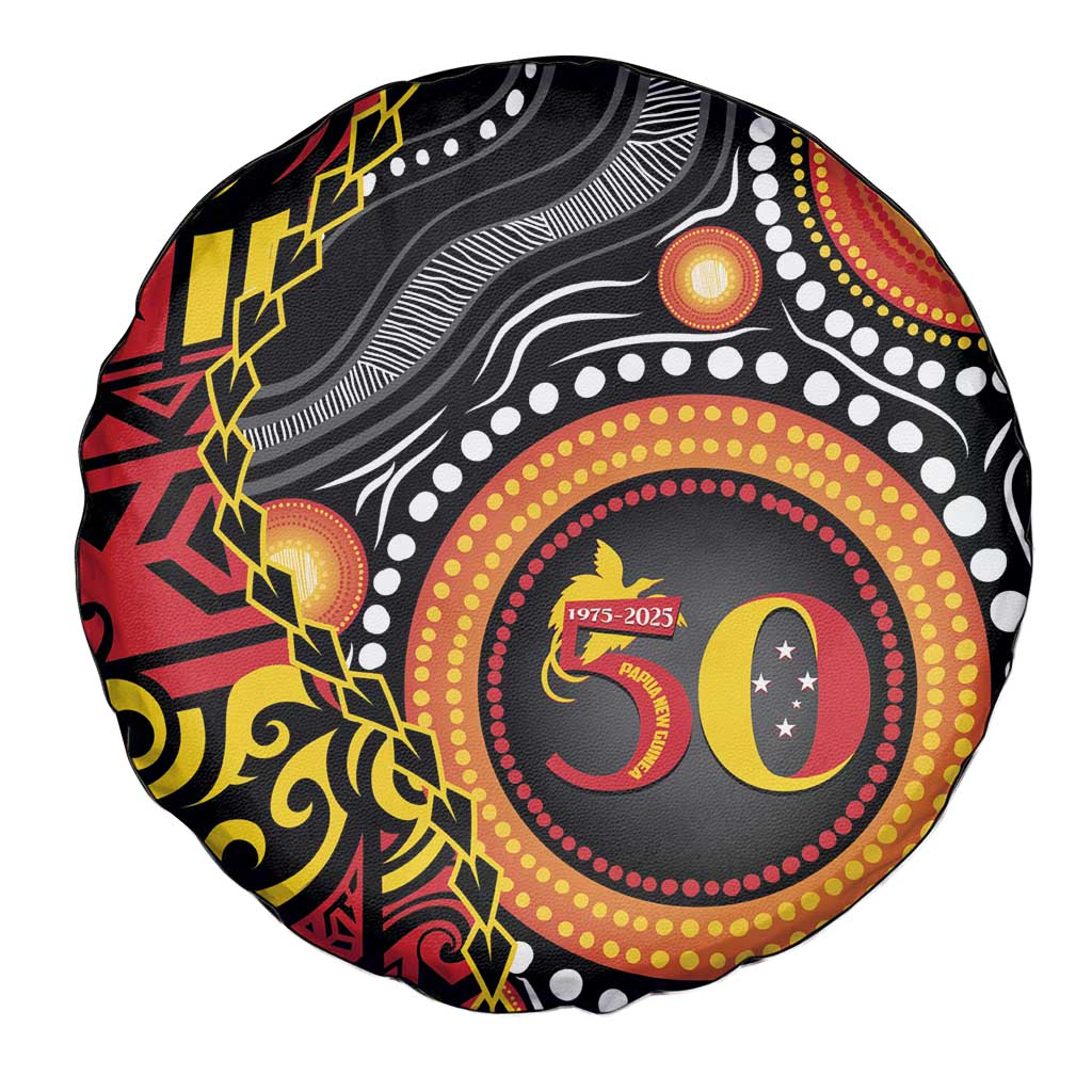 Celebrating 50 Years Papua New Guinea Spare Tire Cover Aboriginal Mix Papuan Pattern - Polynesian Pride