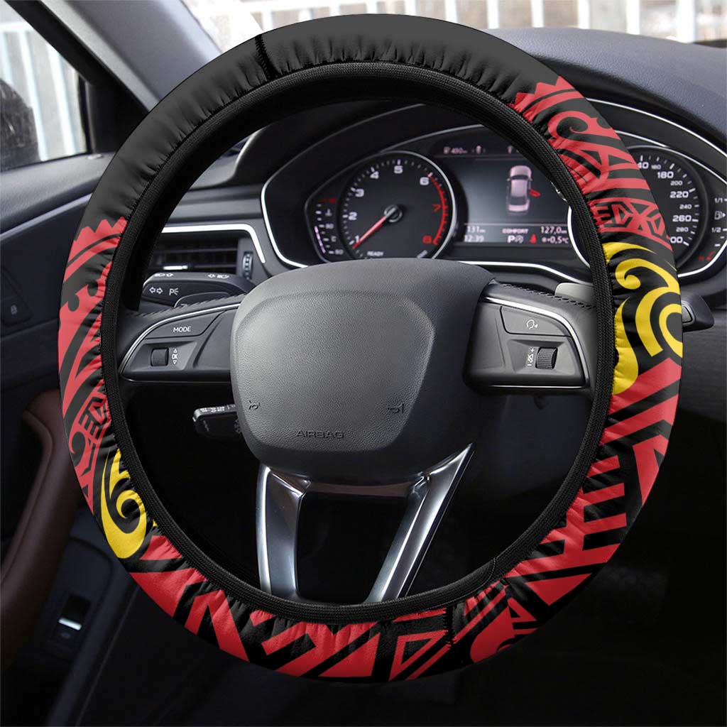 Celebrating 50 Years Papua New Guinea Steering Wheel Cover Aboriginal Mix Papuan Pattern - Polynesian Pride