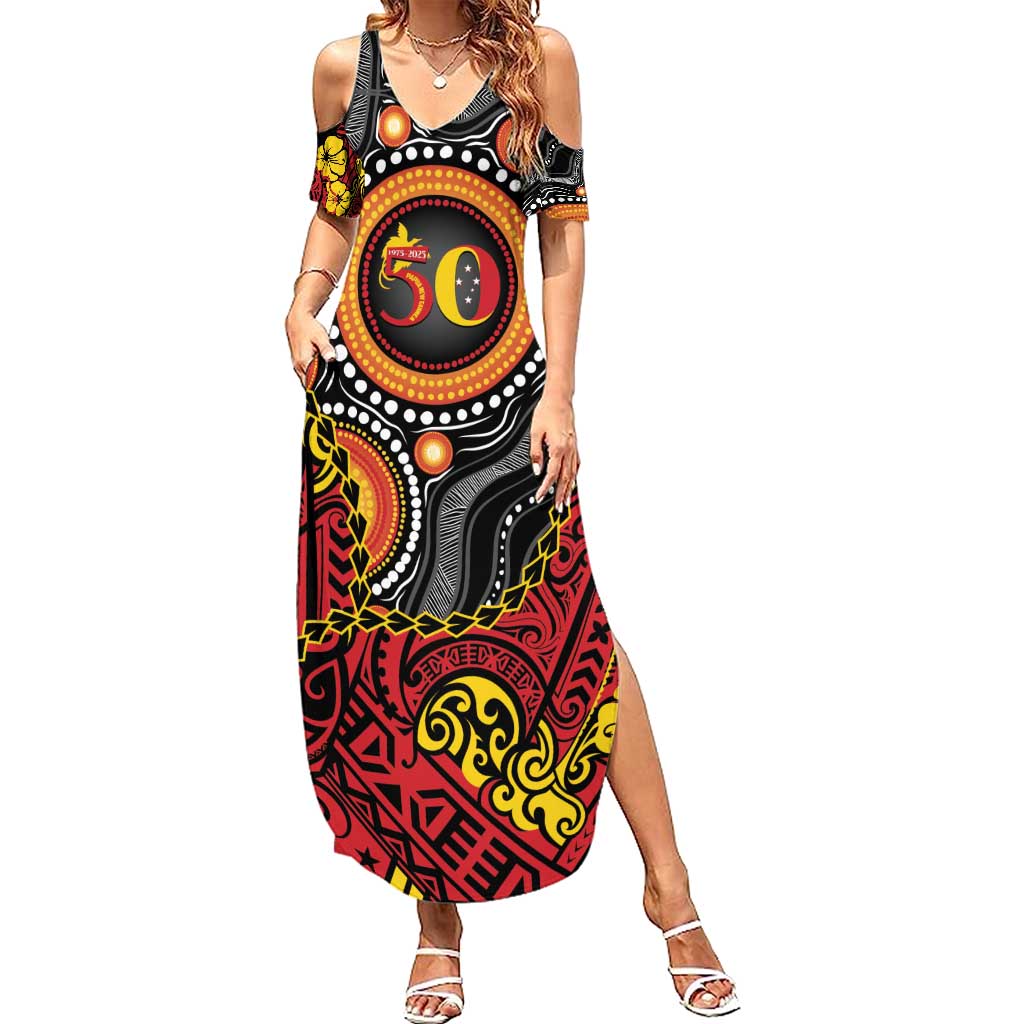 Celebrating 50 Years Papua New Guinea Summer Maxi Dress Aboriginal Mix Papuan Pattern - Polynesian Pride