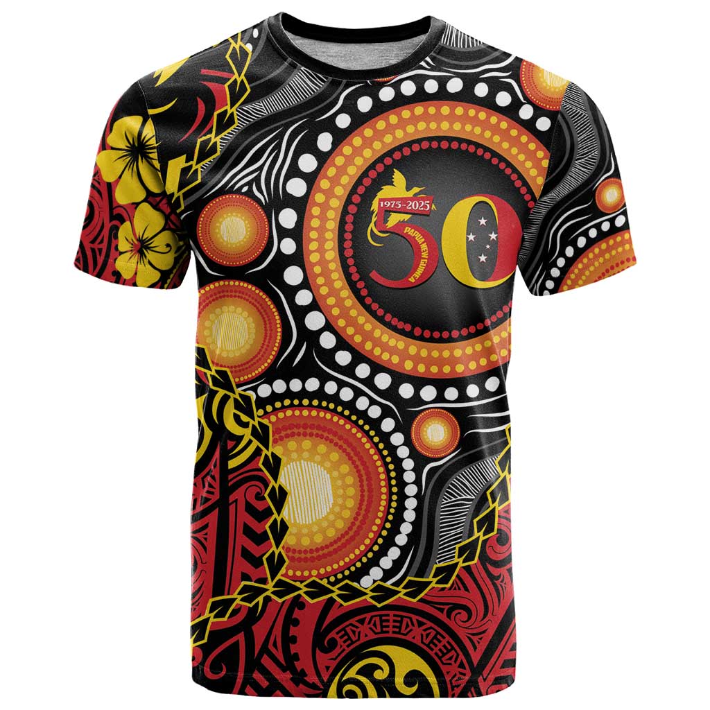 Celebrating 50 Years Papua New Guinea T Shirt Aboriginal Mix Papuan Pattern LT14 Red - Polynesian Pride