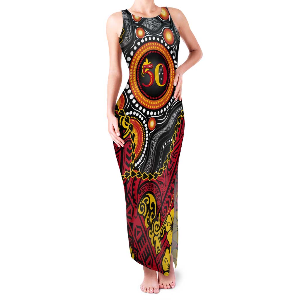 Celebrating 50 Years Papua New Guinea Tank Maxi Dress Aboriginal Mix Papuan Pattern - Polynesian Pride