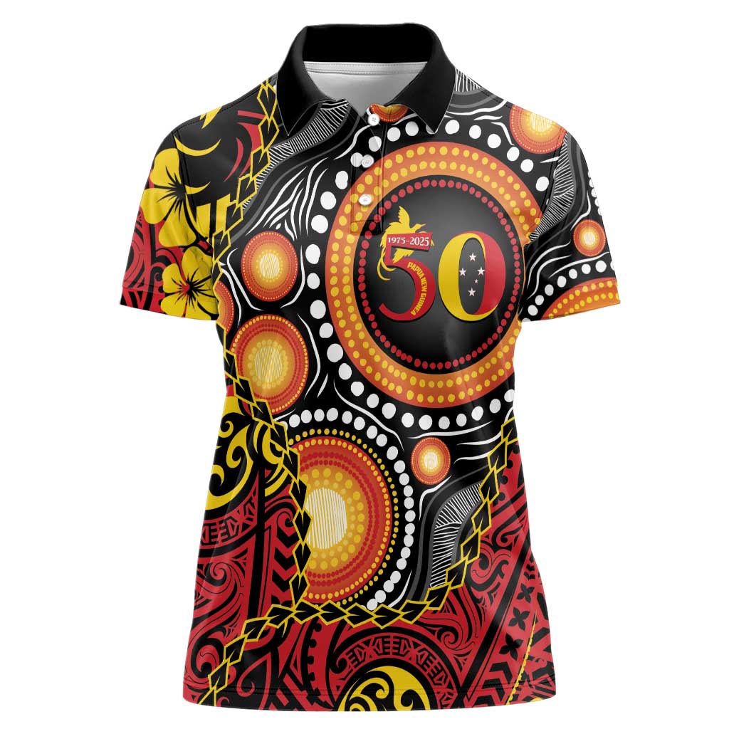 Celebrating 50 Years Papua New Guinea Women Polo Shirt Aboriginal Mix Papuan Pattern - Polynesian Pride