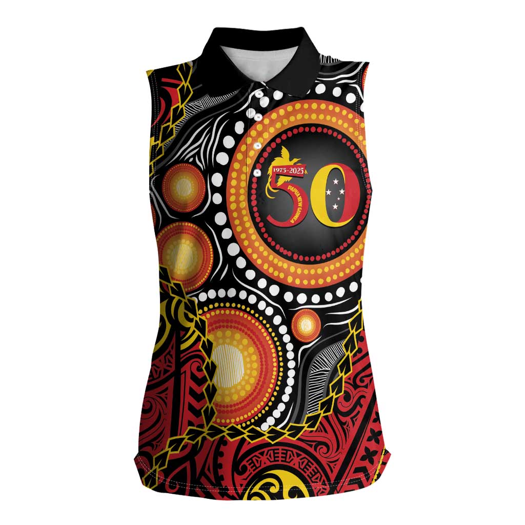 Celebrating 50 Years Papua New Guinea Women Sleeveless Polo Shirt Aboriginal Mix Papuan Pattern LT14 Female Red - Polynesian Pride